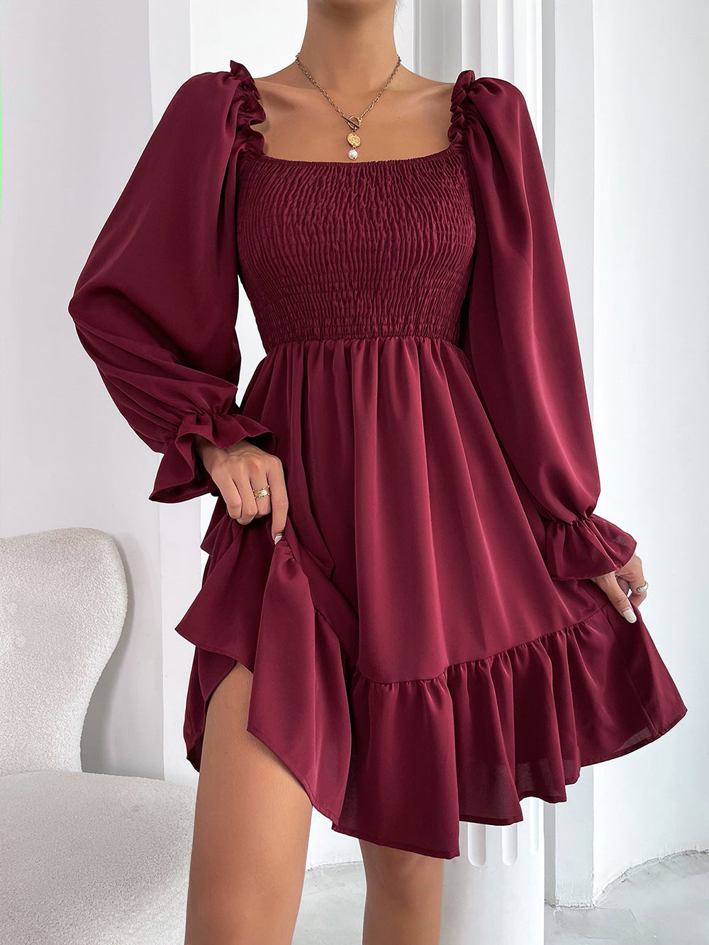 Elegant Square neck High waist Ruffle Dres