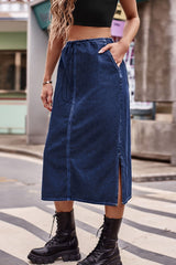 Get It Going Denim Blue Midi Skirt