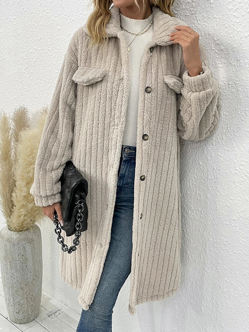 Plush lapel long sleeve long coat