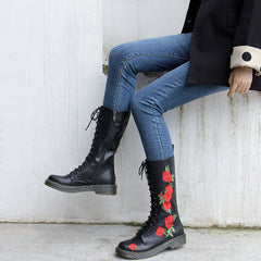 Lace-up embroidered mid-calf boots