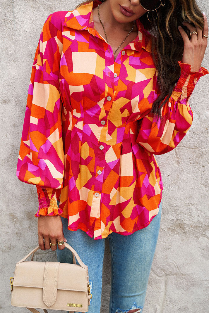 Belted Printed Lantern Sleeve Shirt