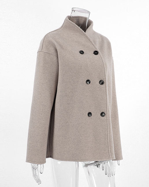 Brown V-neck Double-breasted Short Wool Coat