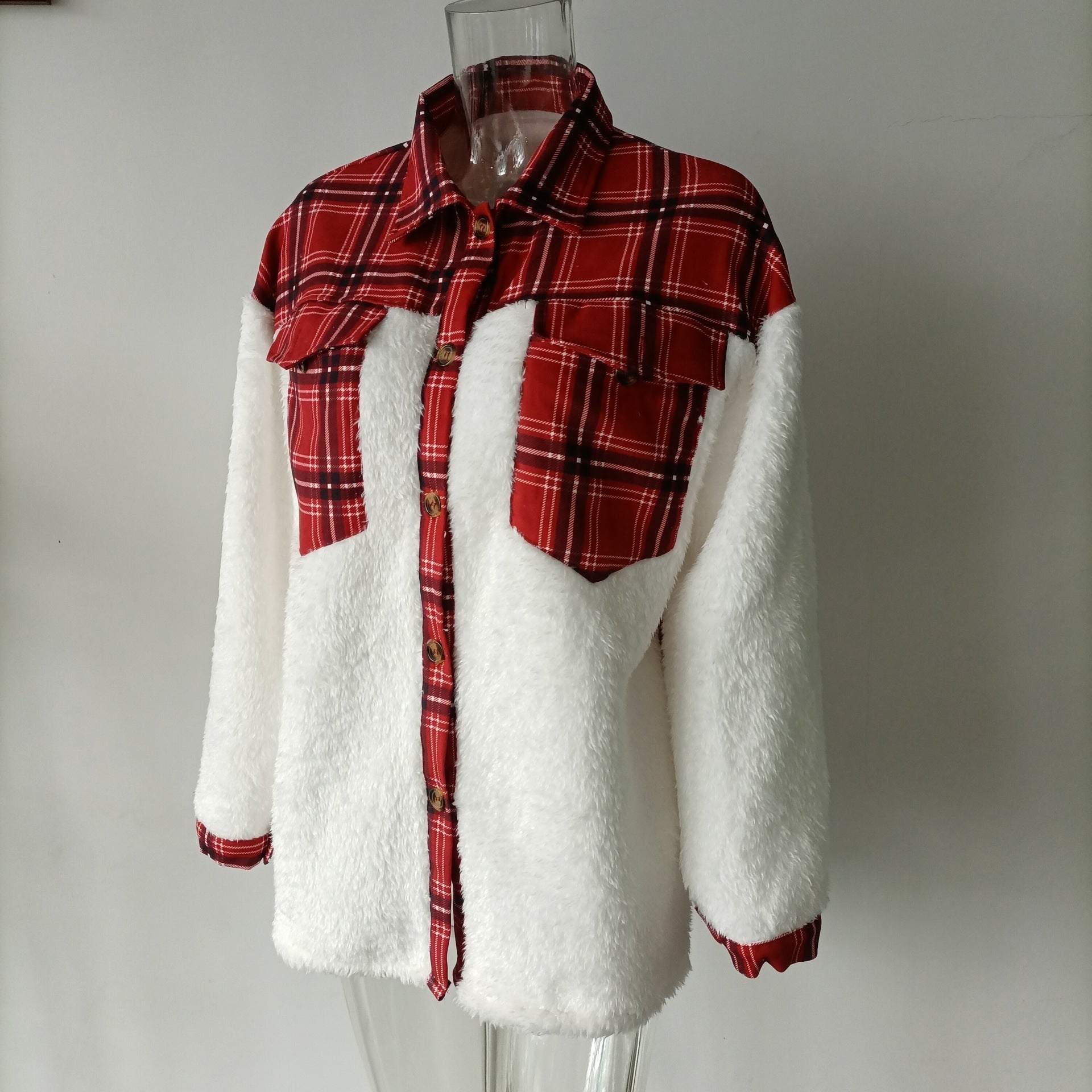 Plaid Print Plush Patchwork Contrast Jacket