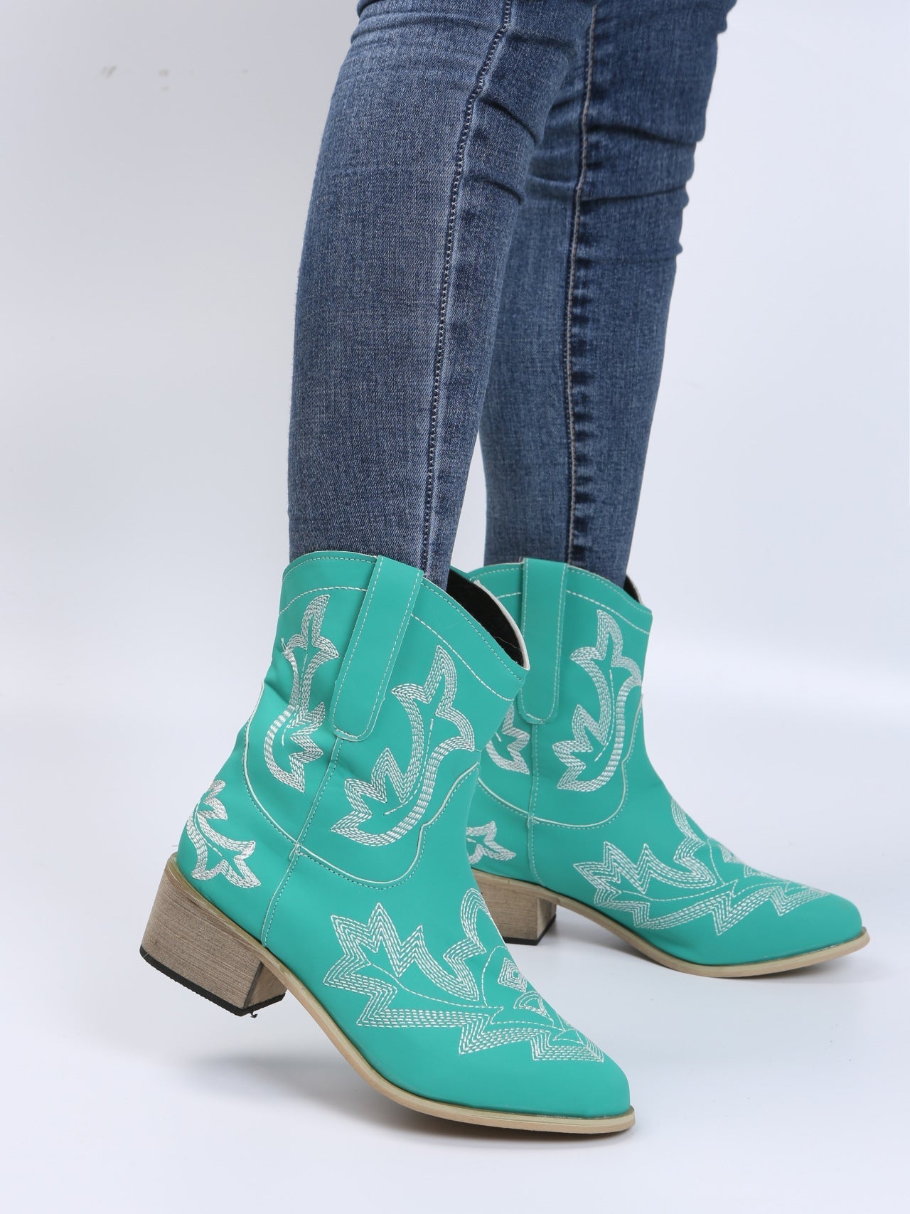 Embroidered Floral Chunky Heel Martin Boots