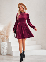 High collar velvet waisted lantern sleeve retro dress