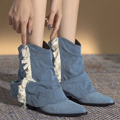 Denim pleated fringed western boots