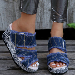 Denim buckled wedge sandals