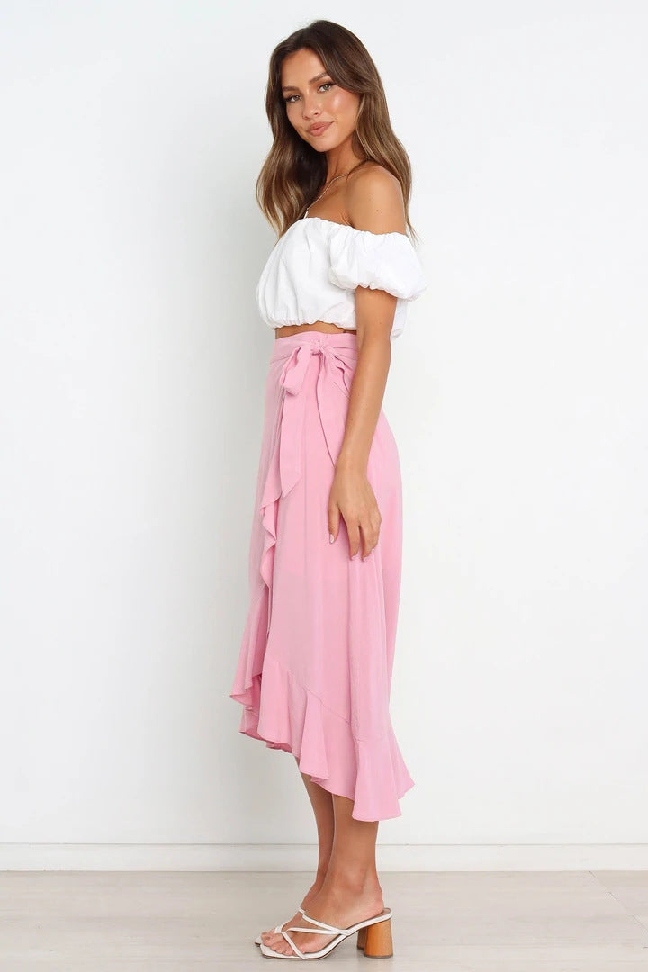 One Piece Tie Irregular Hip Pack Solid Color Skirt