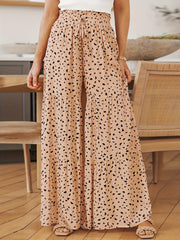 Leopard Print Ruffle Hem Loose Wide Leg Pants