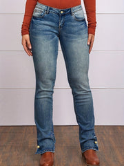 Button Side Split Embroidery Patch Pocket Bootcut Jeans