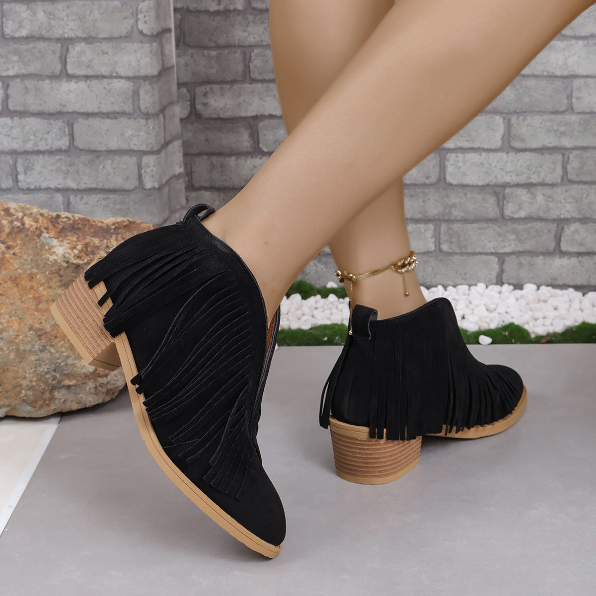 Fringed suede pointy toe retro leather boots