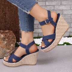 Denim open toe cross strap espadrilles wedge sandals