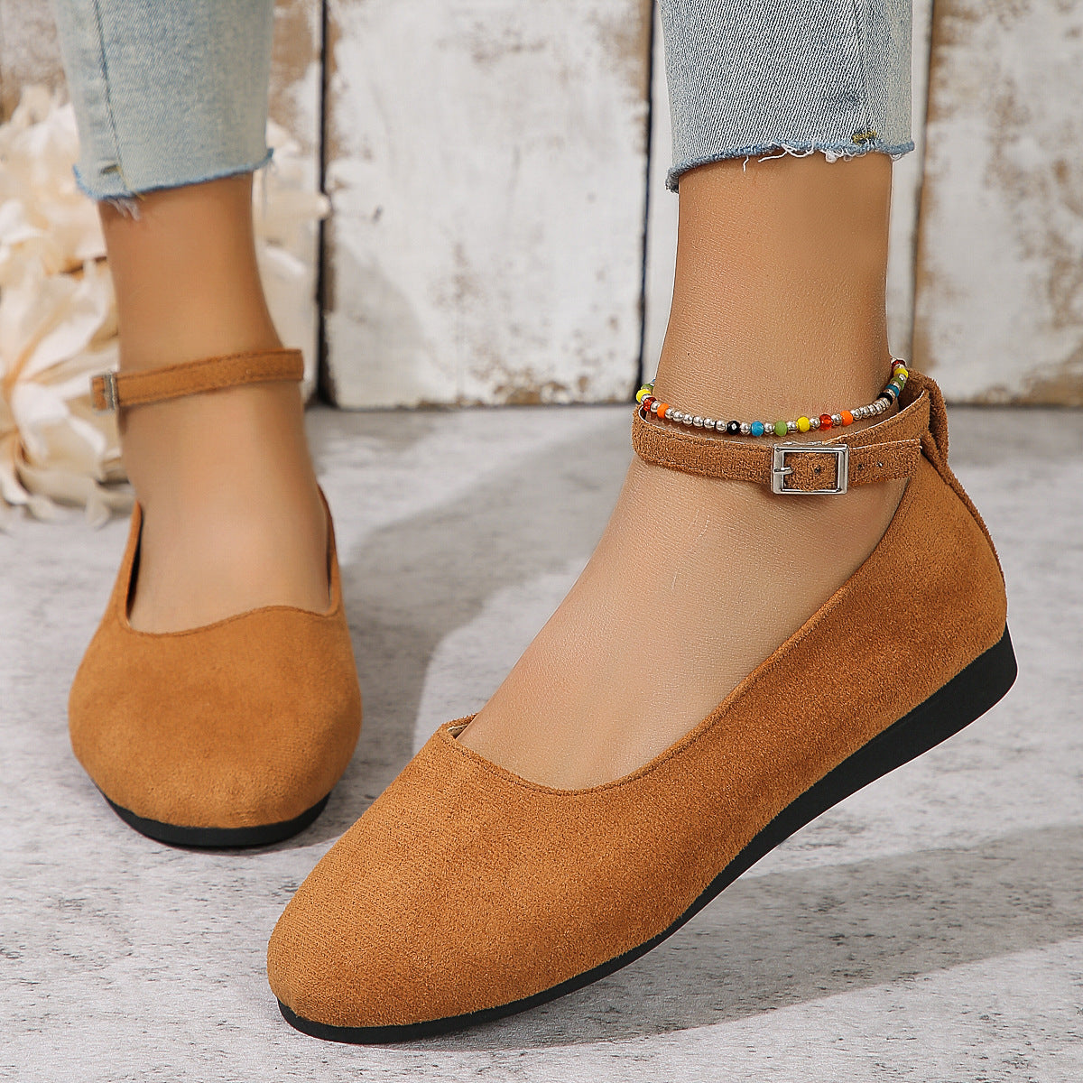 Velvet Solid Color One-Strap Shallow Mouth Flat Shoes