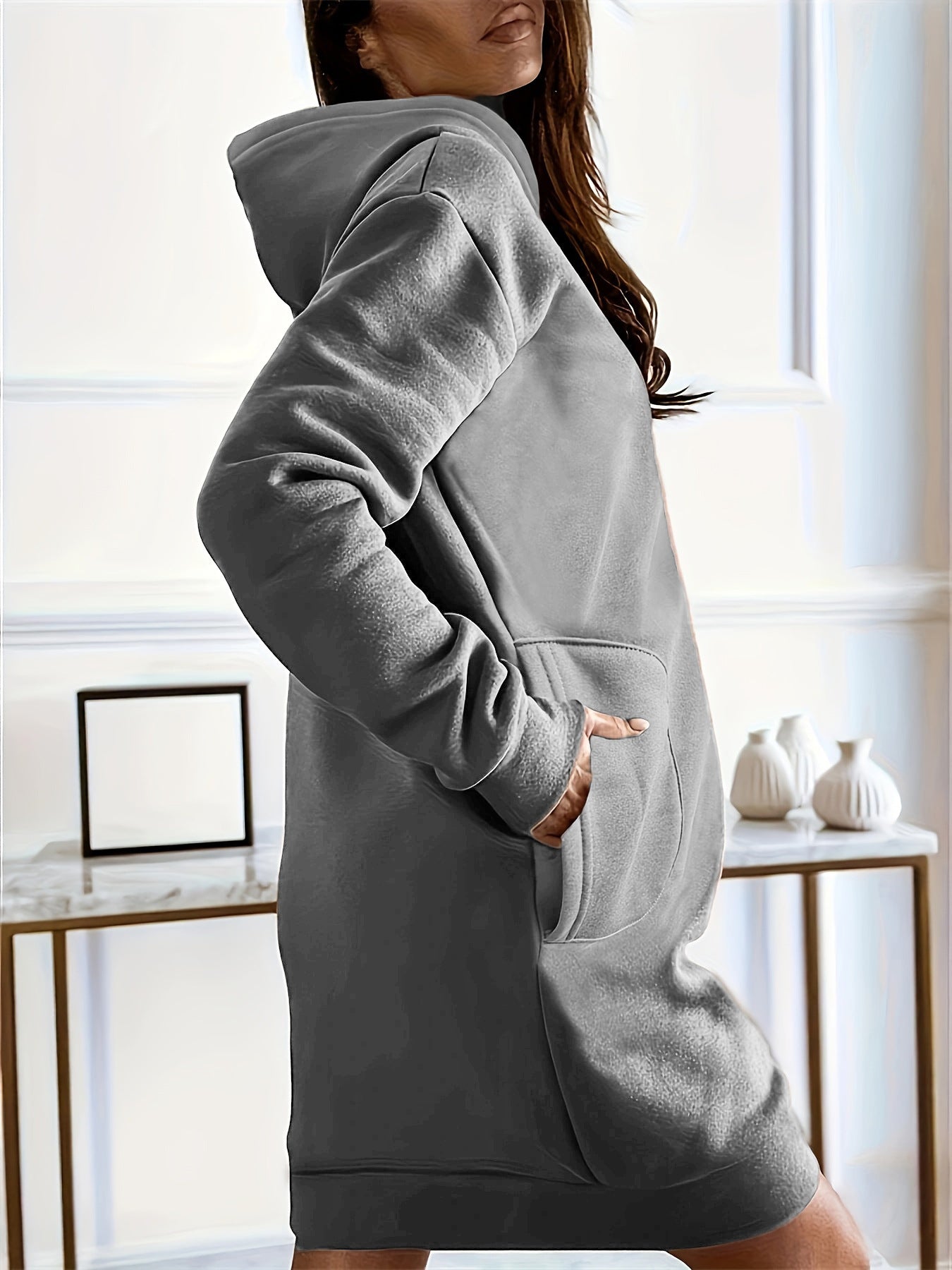 Mid-length pockets hooded sweatshirt dress