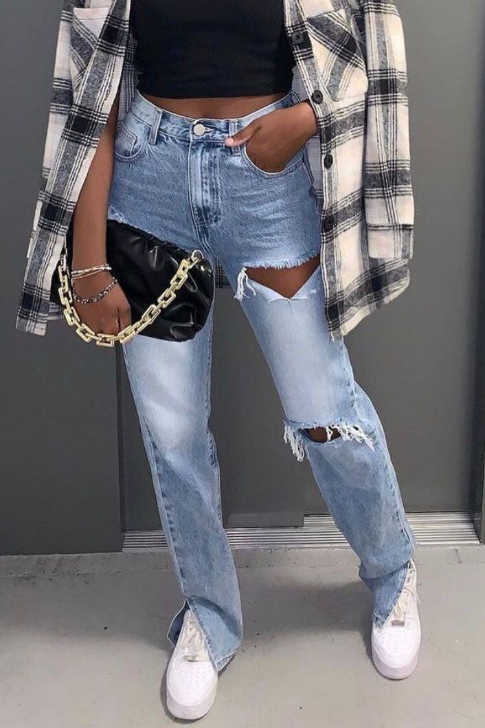 Distressed Ankle Slits Micro Flare Jeans