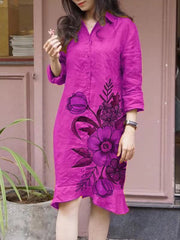 Loose printed mid-length irregular lapel dress