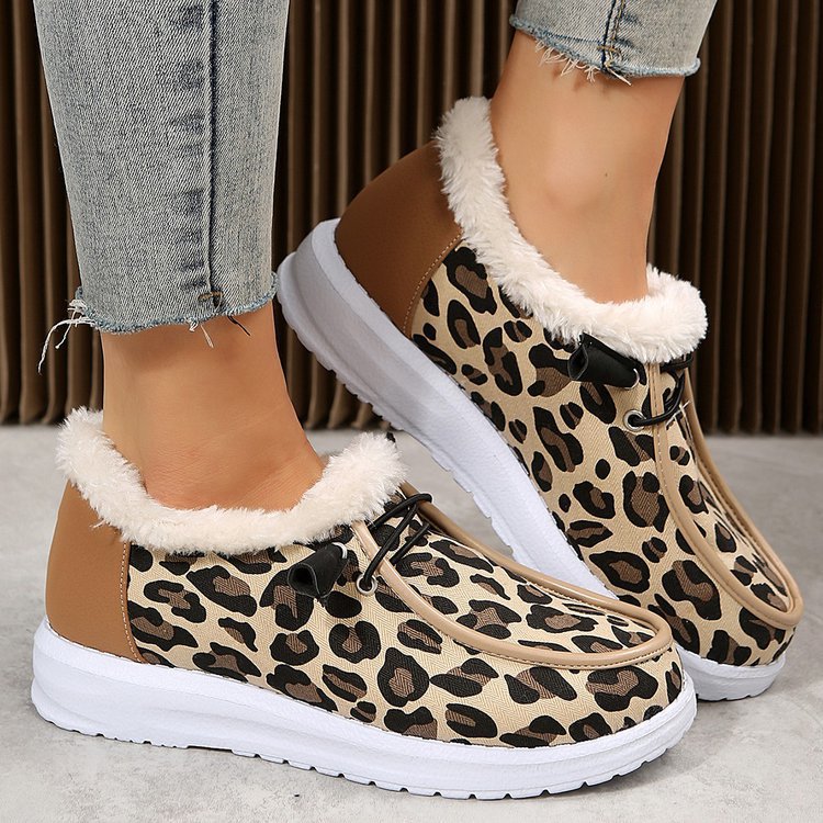 Leopard print flat slip-on plush snow shoes