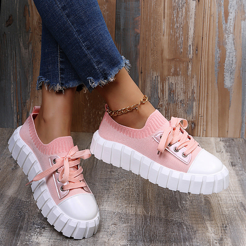 Colorblock Platform Fly knit Lace-up Sneakers