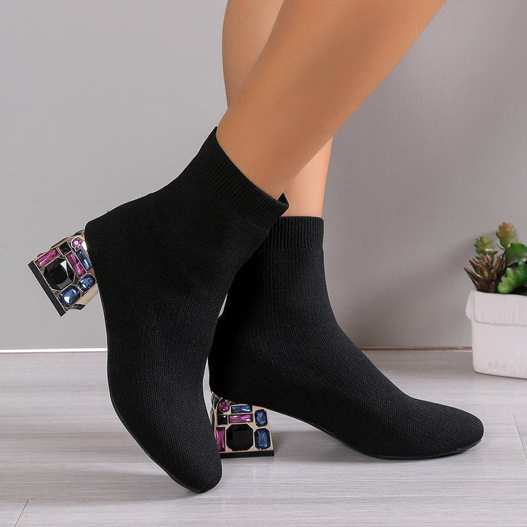 Rhinestone embellished heel fly knit boots