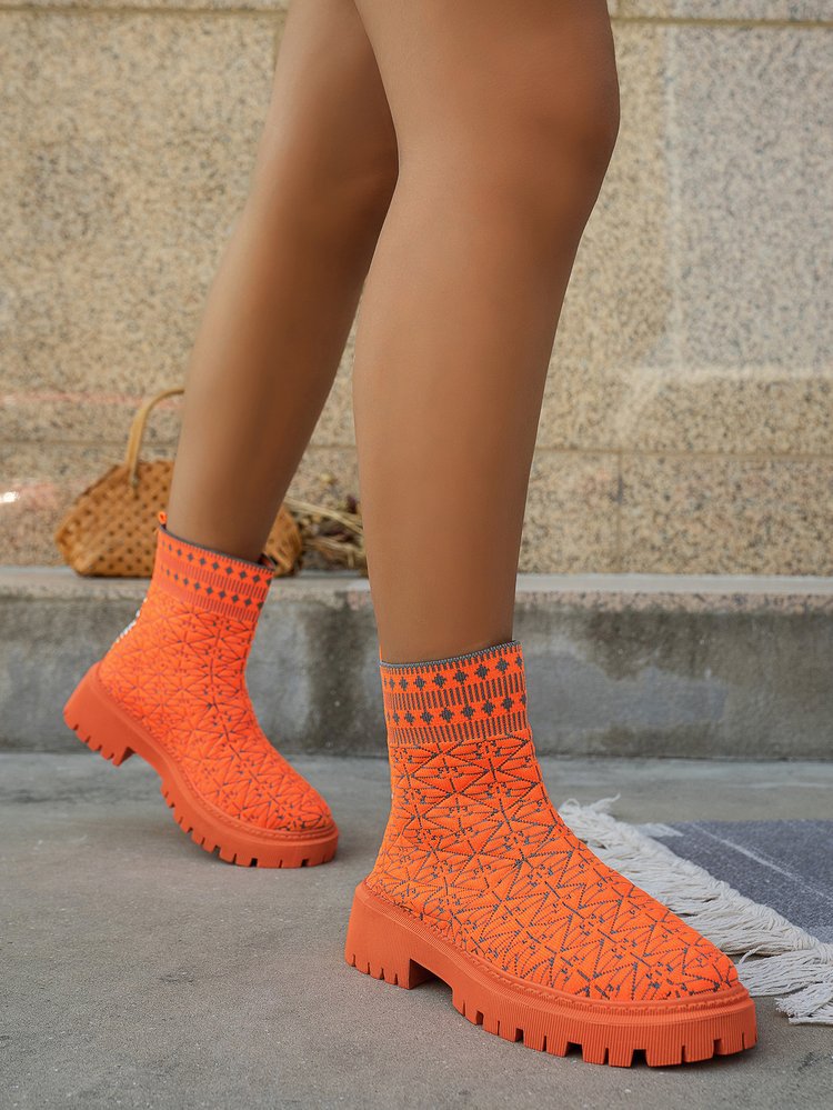 Geometric pattern flyknit stretch high-top chimney boots