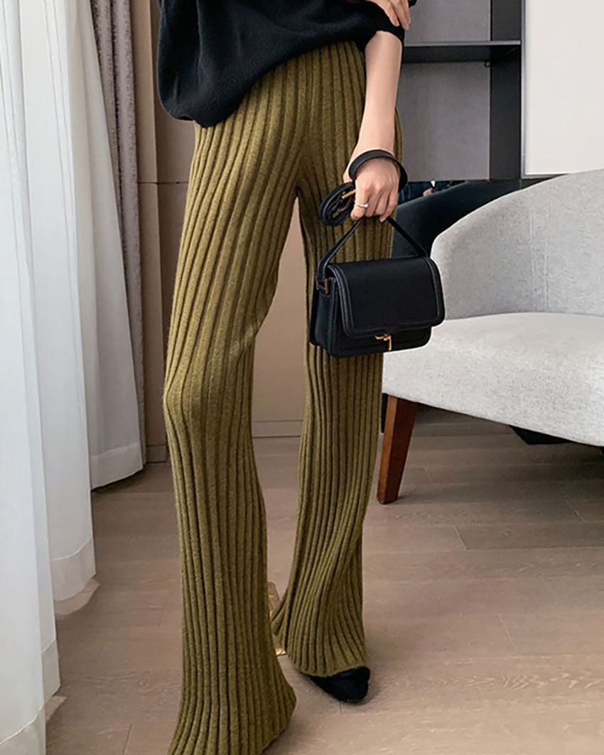 High-waisted draped pitted straight-leg loose knit trousers
