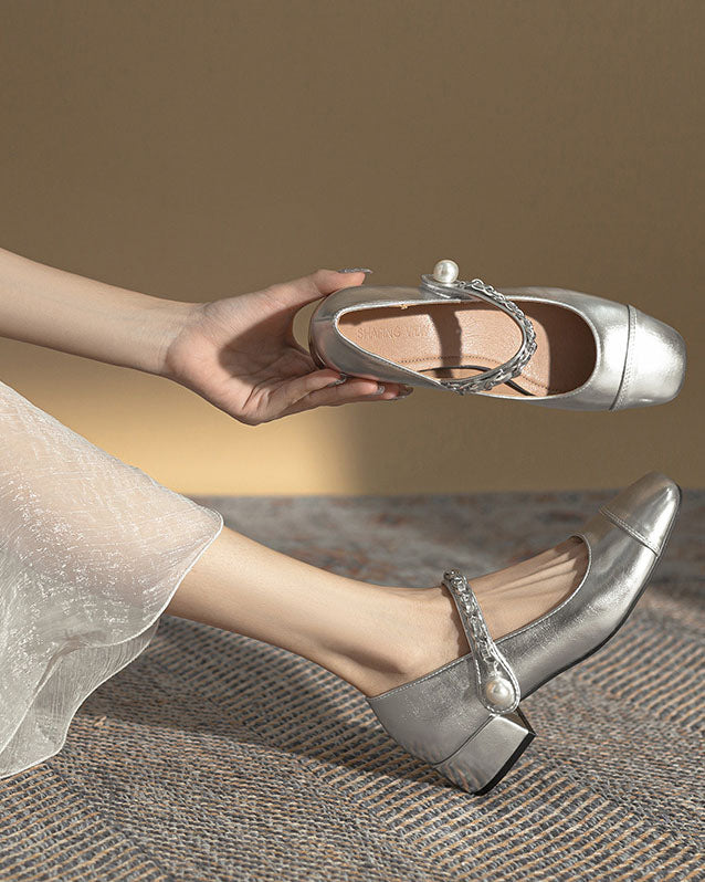 Silver thick heel round toe Mary Jane shoes