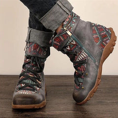 Ethnic patchwork retro side zip booties