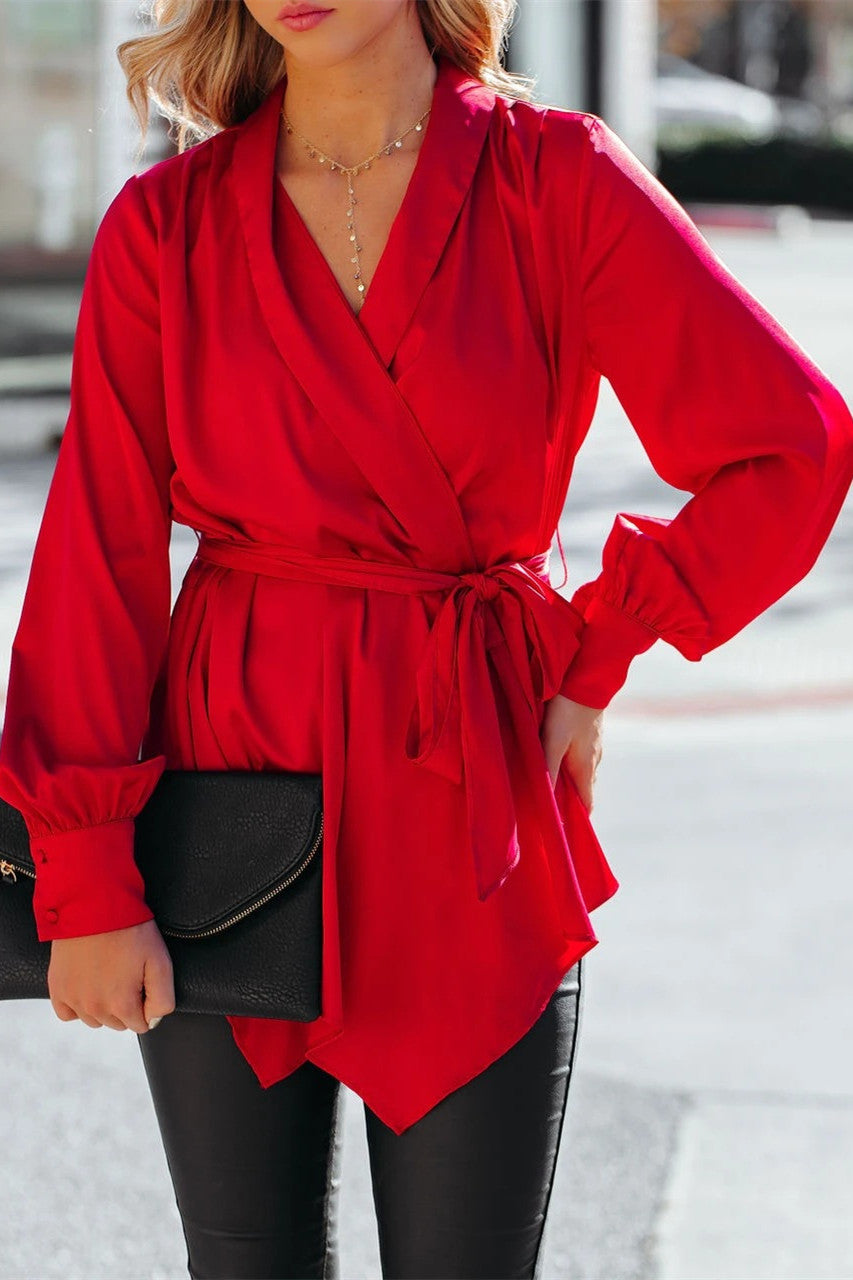 V-neck Lantern Sleeves laced High waist Shirt