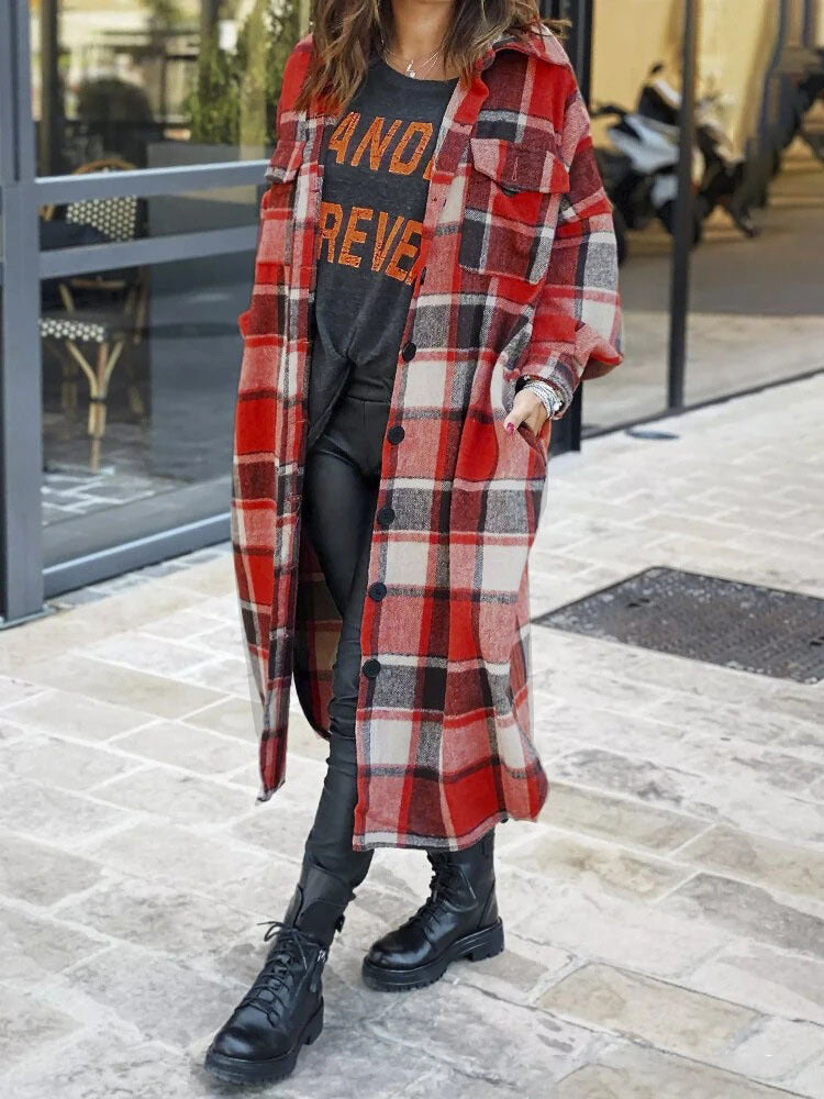 Long Flannel Plaid Trench Coat