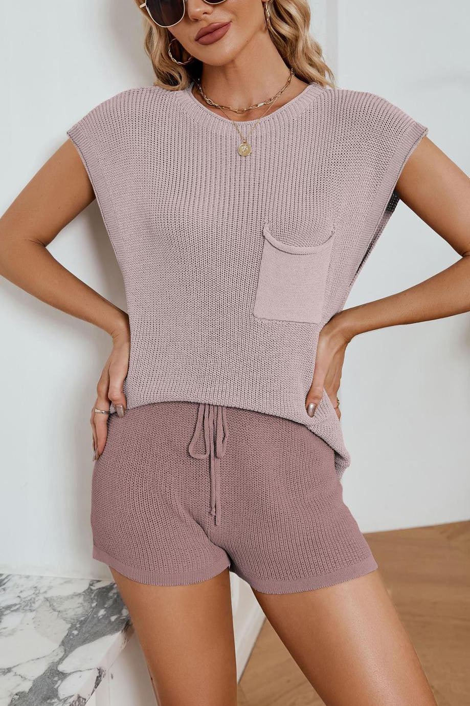 Sleeveless Pocket Knit Top & Shorts Co-ord Set