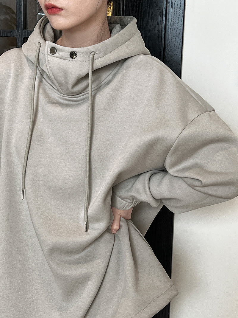 Half High Collar with Button Details Thick Loose Hoodie