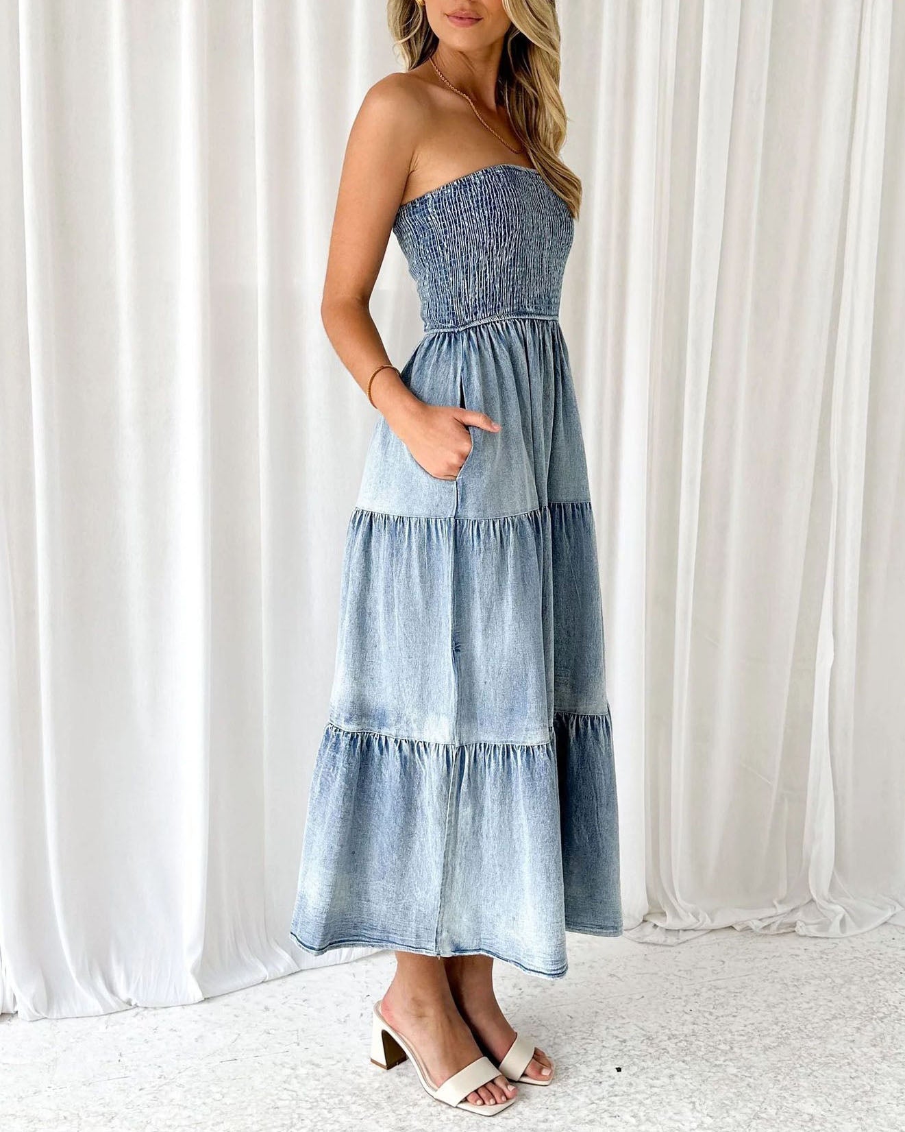 Sleeveless Strapless Side Slit Layered Denim Dress with