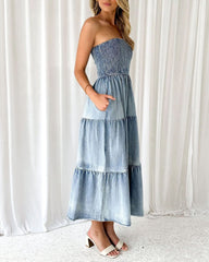 Sleeveless Strapless Side Slit Layered Denim Dress with