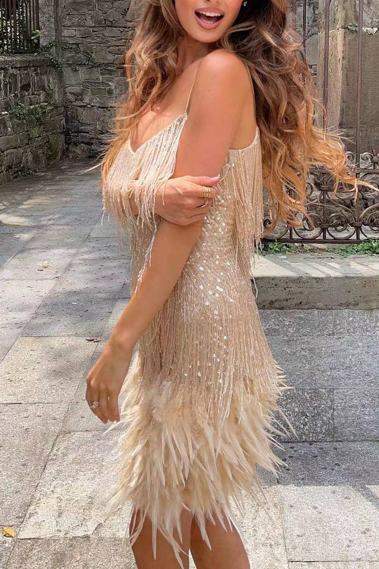 feather sequin tassel dress A-Line Short Mini Prom Dresses Sparkle & Shine Sexy Sleeveless Spaghetti Strap Prom Wedding Party Sequined with Feather Fringe Sequin 2026