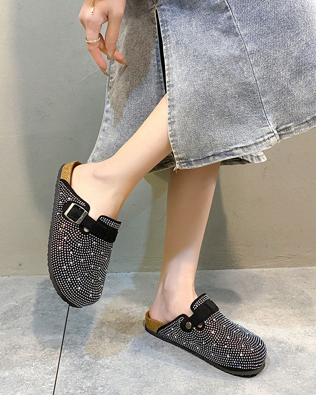 Embellished Rhinestone Closed-Toe Cork Slippers