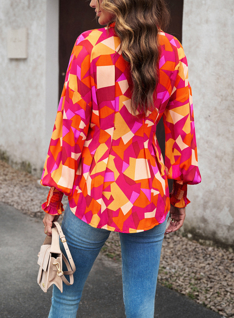 Belted Printed Lantern Sleeve Shirt