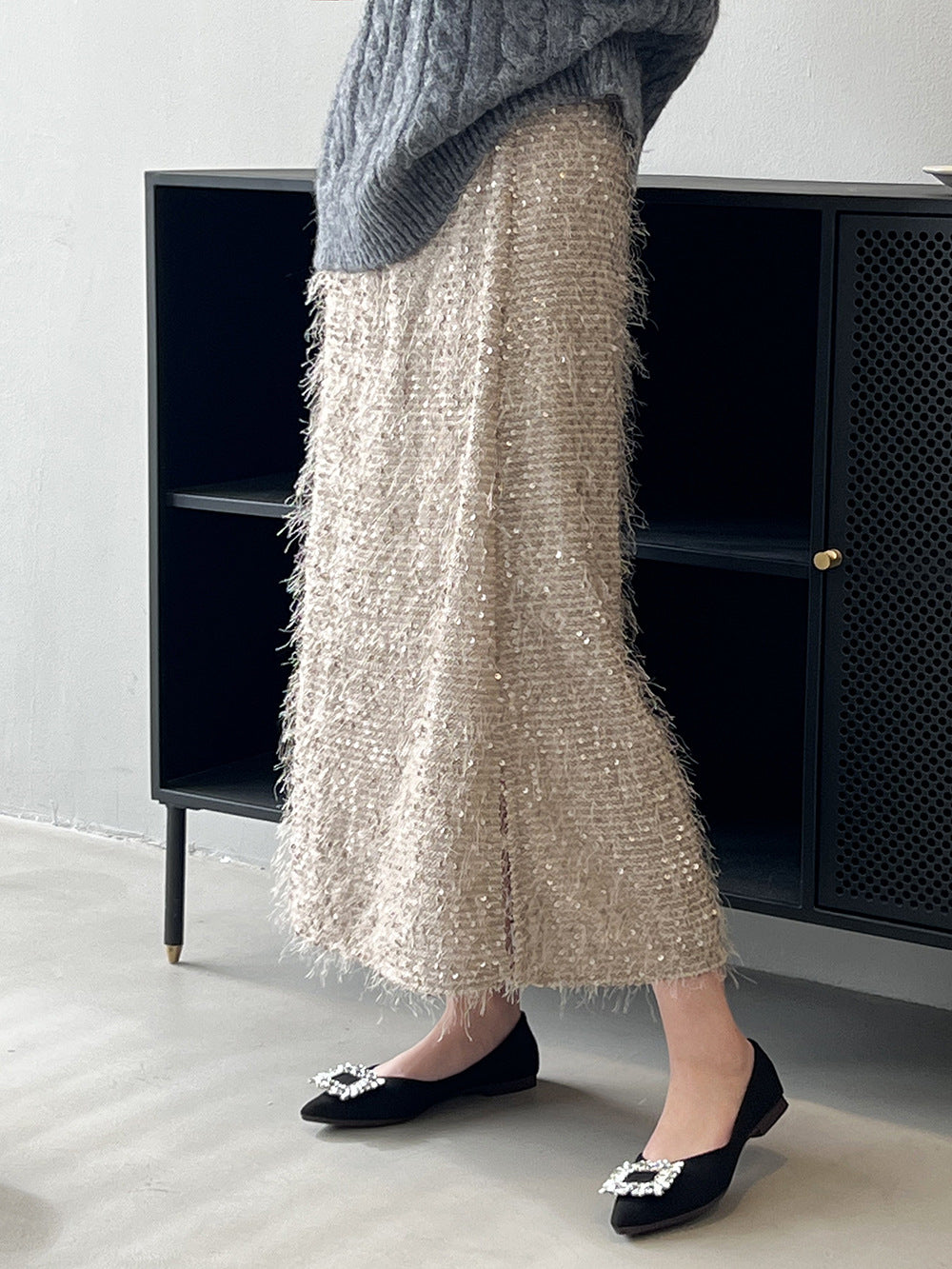 Elastic waist sequined knitted skirt