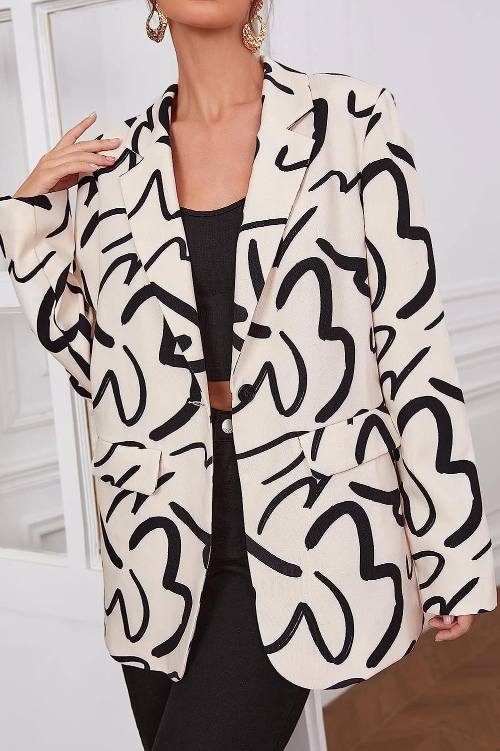 Letter Print Oversized Lapel Relaxed Blazer