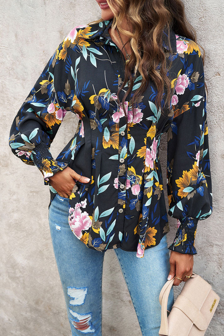 Belted Printed Lantern Sleeve Shirt