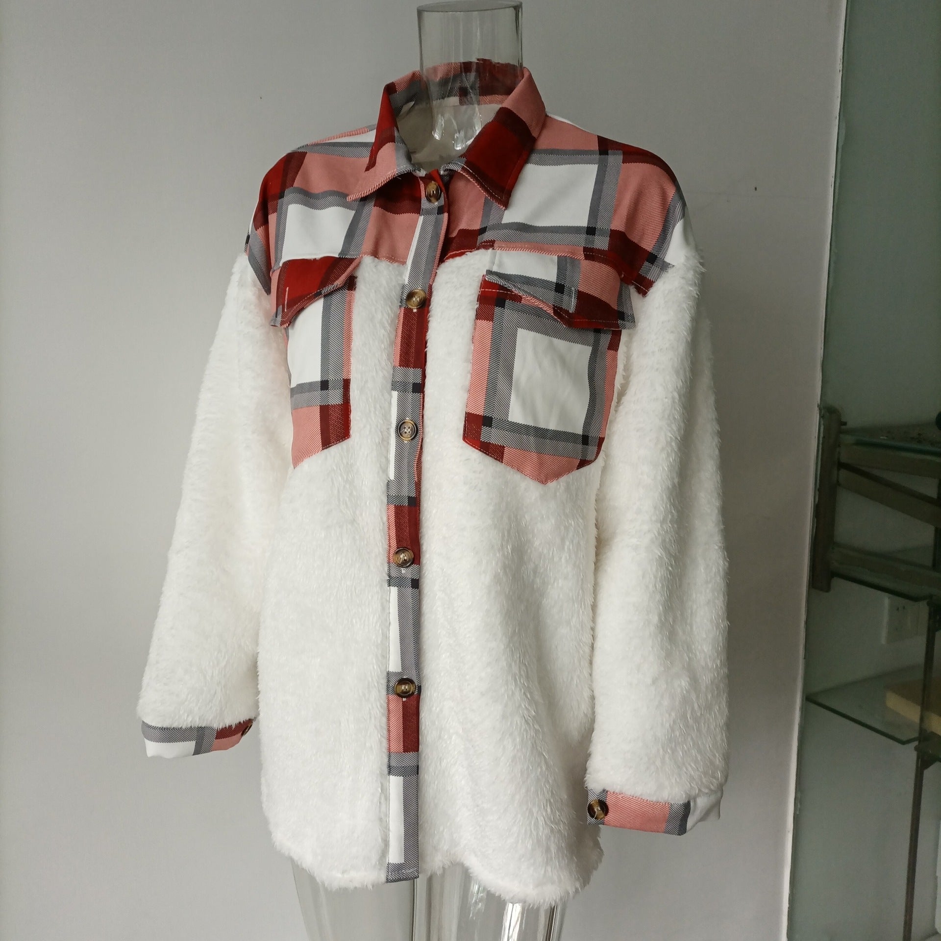 Plaid Print Plush Patchwork Contrast Jacket