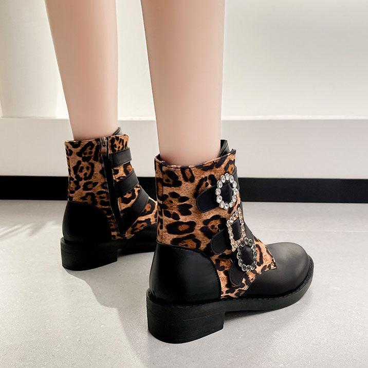 Leopard Belt Buckle Low Heel Round Toe Booties