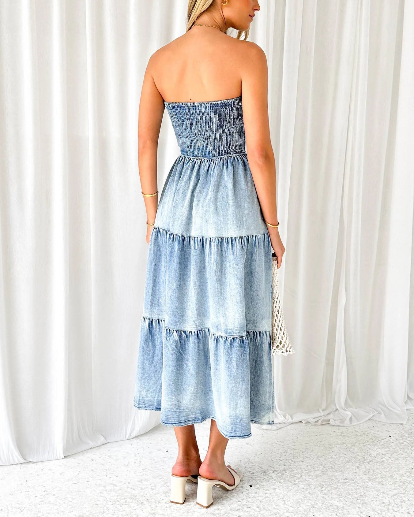 Sleeveless Strapless Side Slit Layered Denim Dress with