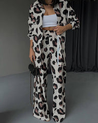 Leopard Print Long Sleeve Shirt Wide Leg Pants Two-Piece Set