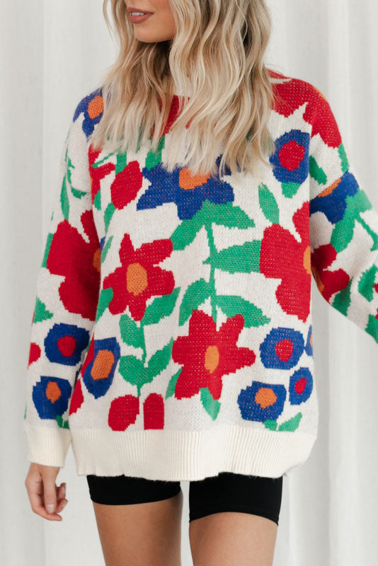 Blooming Flowers Crew Neck Loose Knit Sweater