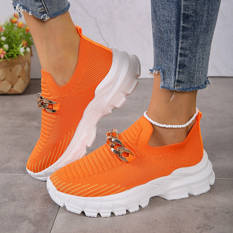 Metal chain thick breathable fly knit sneakers