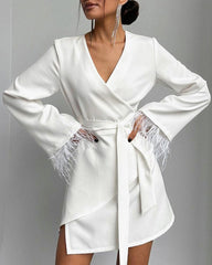 White Lace-up Long Sleeve Feather Mid-length Coat