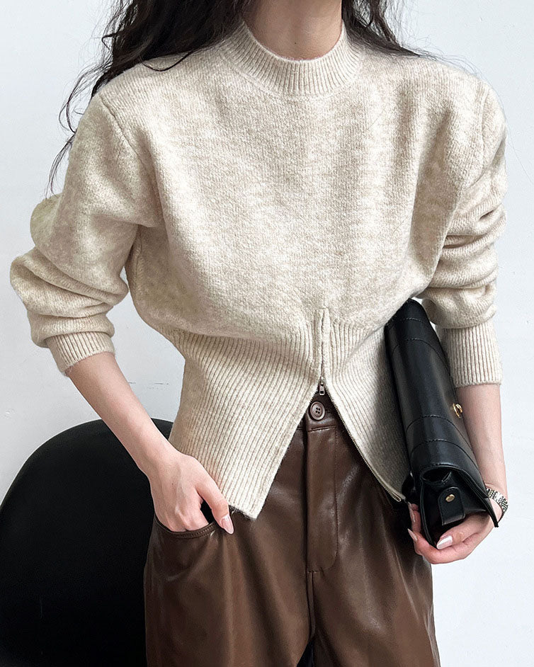 Round Neck Waist Cinching Zipper Sweater