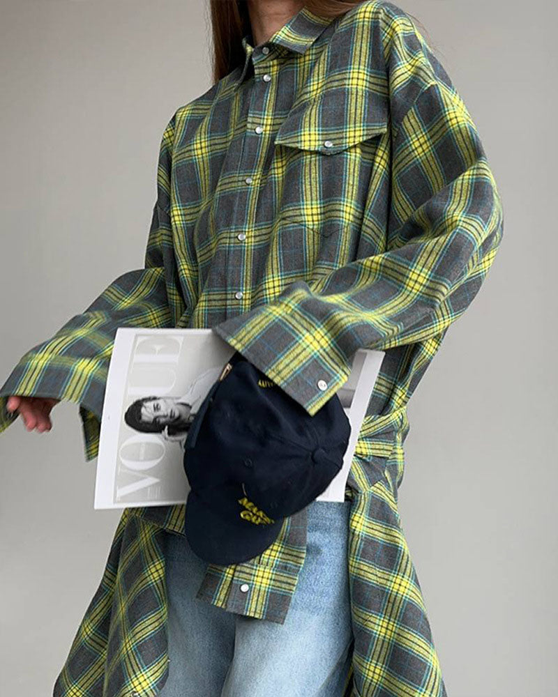 Notched Lapel Loose-Fit Plaid Long Sleeve Pocket Shirt