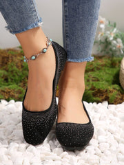 Diamond-studded black matte round-toe flat shoes