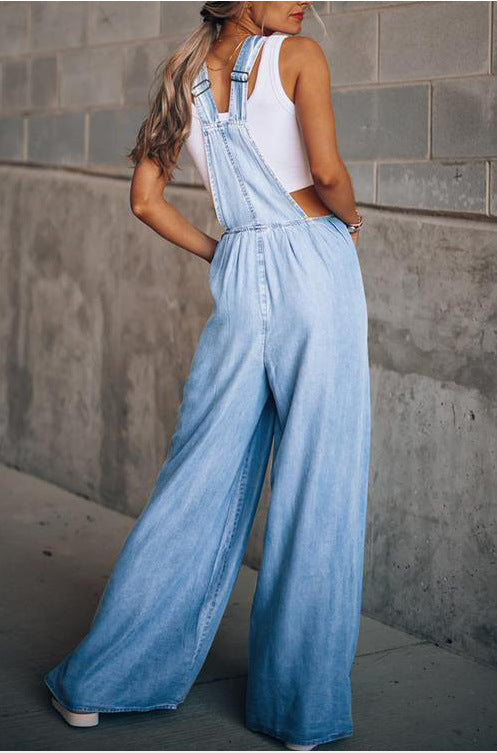 Sleeveless Denim Strappy Wide leg Pants